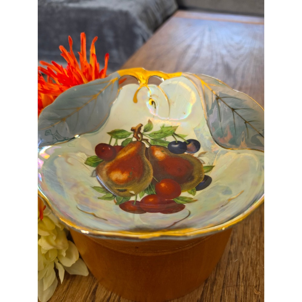Vintage Iridescent Lusterware Fruit Bowl Pear Cherry Gold Trim Leaf Handle 7.5"